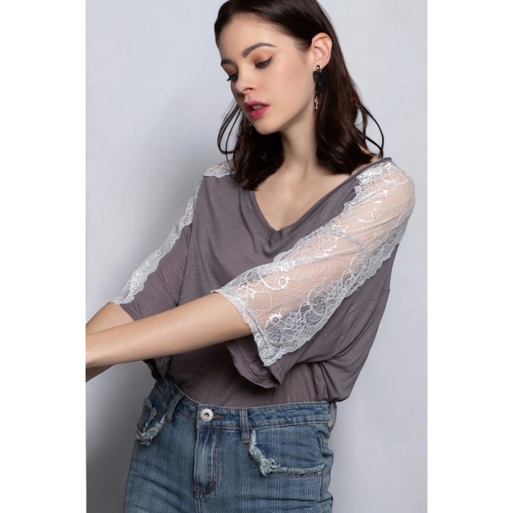 POL Charcoal Lace Half Sleeve Oversized Tee - Picture 3 of 6